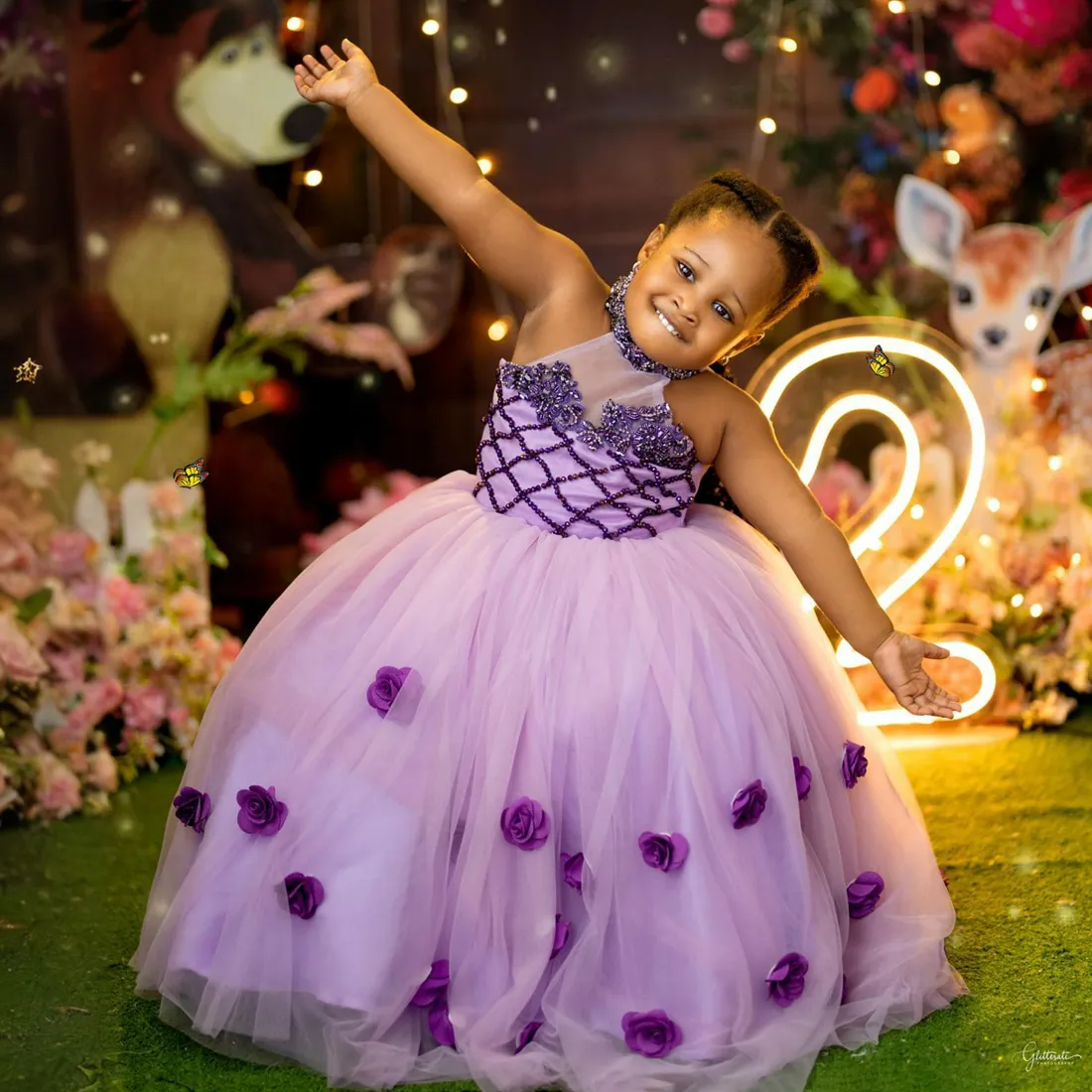 2024 Purple Little Girls Birthday Dress Flower Girl Dress Communion Gowns Halter Pearls Beaded Crystal Princess Queen Birthday Party Dress for Cute Little Girl F127