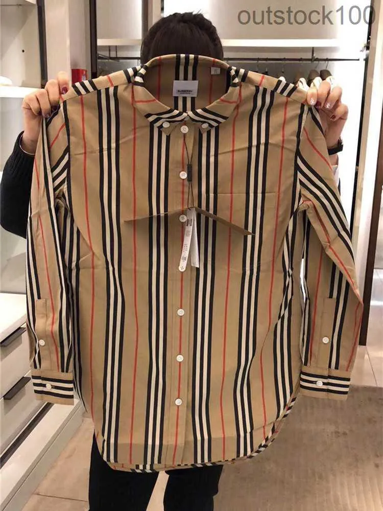 Fashion Luxury Buurberlyes Clothes for Women Men Classic Khaki Color Block Vertical Stripe Long Sleeved Shirt for Men Women with Brand Original Logo