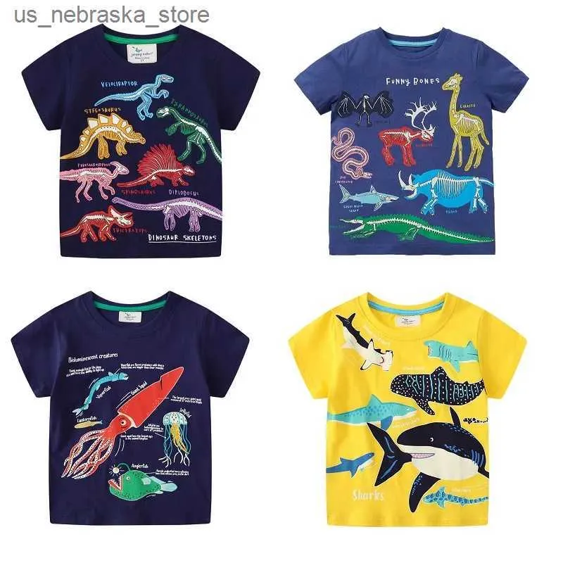 T-shirts Childrens glowing cartoon shark dinosaur T-shirt 100% pure cotton baby boy T-shirt summer new short sleeved top shipped directly Q240418