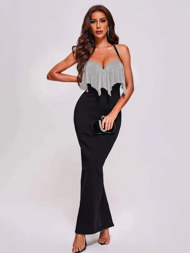 Повседневные платья Modphy Sexy Backless Halter Diamonds Women Bangage Maxi платье Bodycon 2024 Элегантный вечерний вечерний клуб Длинная одежда длинная одежда