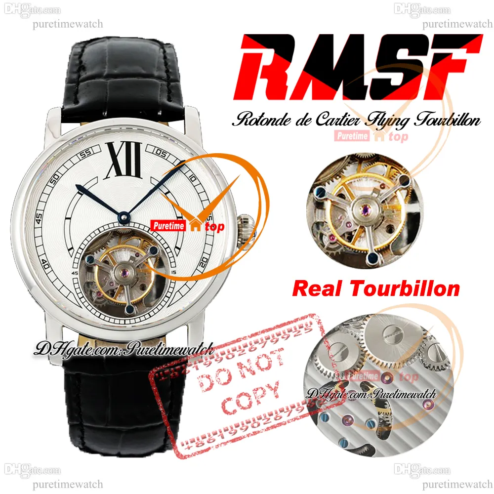 ROTONDE FLYING TOURBILLON MECHANICAL HANDWINDING MENS WATHT RMSF STEEL CASE SILVER ROMAN DIAL BLACK LEATHER STRAP SUPER EDITION RELOJ HOMBRE PURETIME PTCAR