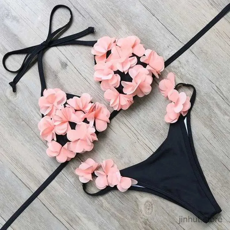 Frauen Badebekleidung solide schwarze Badeanzug Frauen Low Taille Bikini Set mit Blumendekoration Beach Badeanzug S-XL