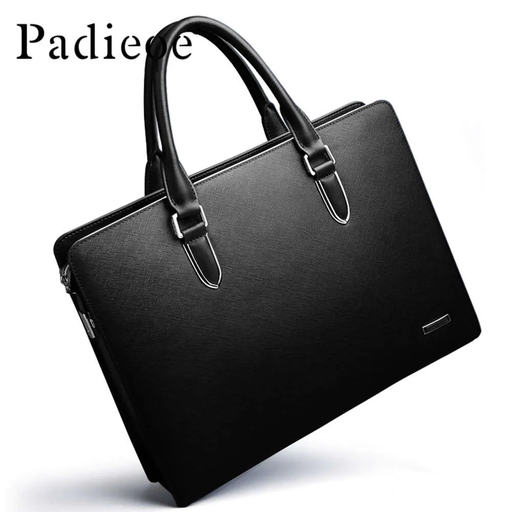 Padieoe Mens Briefcase Genuine Leather Totes Bag for Documents Leather Mens Shoulder Bag Male Cow Skin Business Messenger Bag