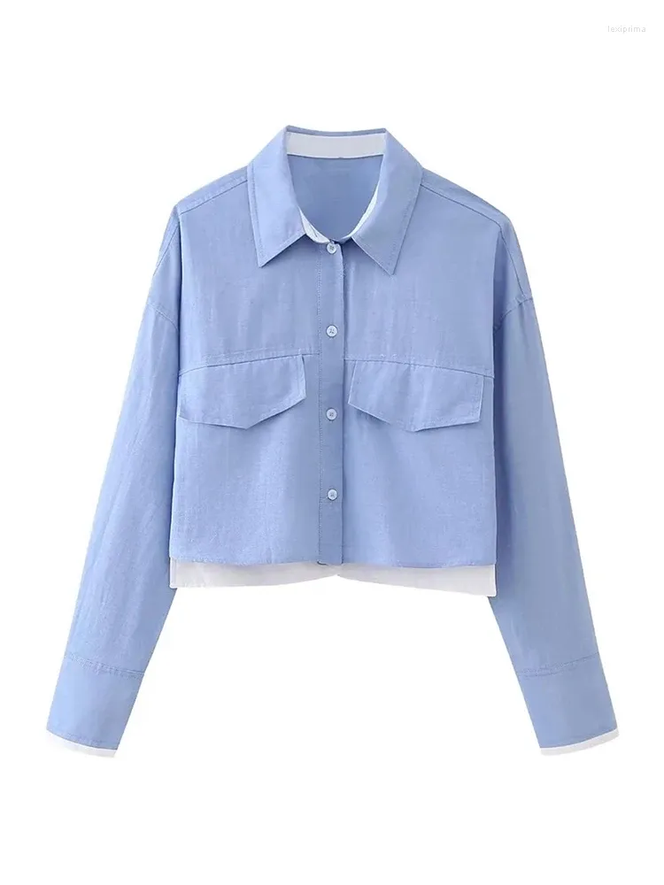 Women's Blouses Office Style Two Pockets Long Sleeve Loose Tops 2024 Ladies Spring Casual Single Breasted Short Blue Oxford Shirt