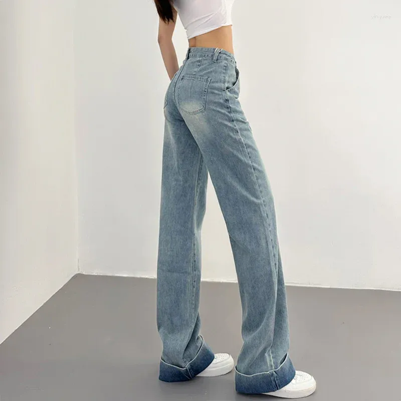 Jeans féminins légers tvvovvin américain lavé bleu hauteur jambe droite large avec un pantalon de vadrouille en denim ourlet roulé z2sj