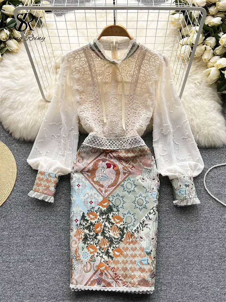 Singreiny Splice Lace Brodery Women Dress Summer 2022 Temperament Elegant Zipper Long SemeVes A Line Slim Chic Dresses