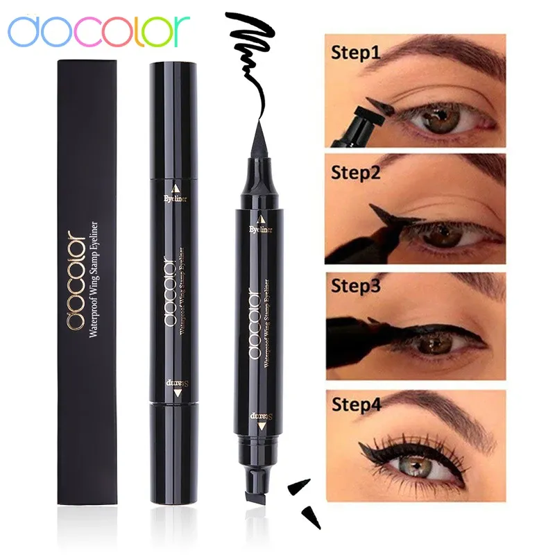 Eyeliner Docolor Black Liquid Eyeliner Stamp Marker Pencil Waterproof Stamp Doubleended Eye Liner Pen Cosmetic Eyeliner