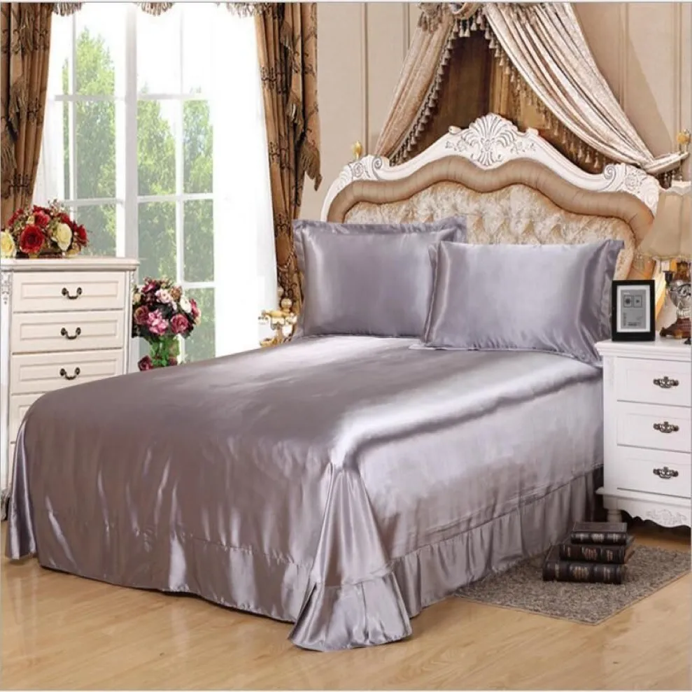 Lençóis define colorido de cor sólida têxtil prata prata cinza cetim de cetim imitado Casas de cama de cama de seda para gêmea rainha rei347q
