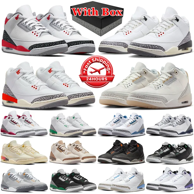 Met doos 3s jumpman 3 basketbalschoenen witte cement opnieuw bedacht ivoor middernacht marine palomino vuur rode tovenaars dennengroene gloed angst heren trainers sport sneakers