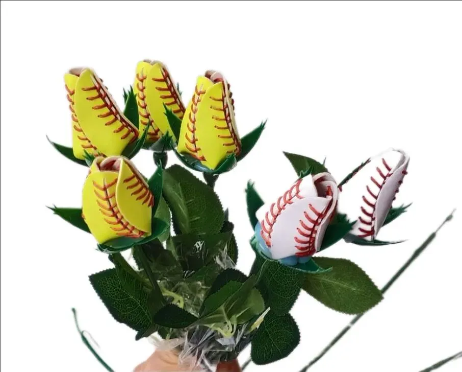 collectable athletic baseball softball leather roses yellow red stitching seam softball graduation gift rose flower Connectors