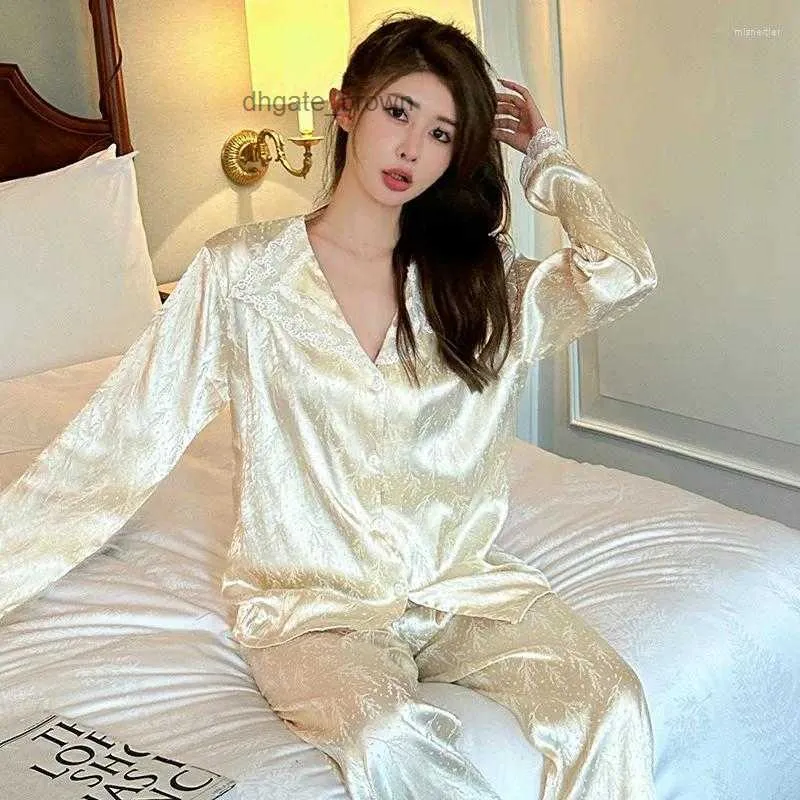 Womens Sleepwear Pajamas Luxury Ice Silk Satin Thin Ladies Pattern Print Pyjama Pijama Long Sleeve Home Clothes Two-piece Suit