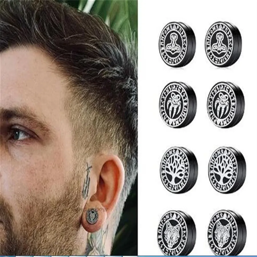 vnox Mens Viking Black Stud earrings Vegvisir and Norse Valknut Cool Punkステンレス鋼Norse Viking Set Male Earrings AB158