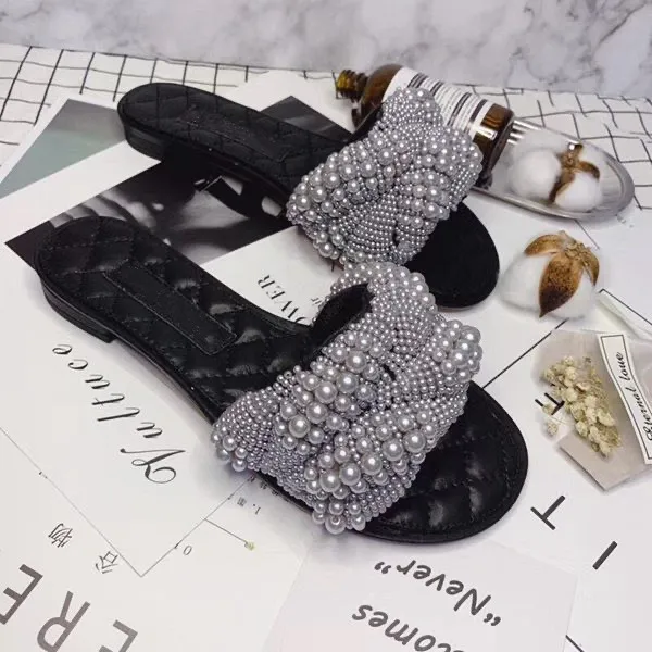 Designer Luxury Original Slipper Sandals Coco Classical Flats Women Shoes Fashion Mules Slippers Sandal Tweed Lady Slide Casual Shoes Flip Flops Pearl Storlek 35-42