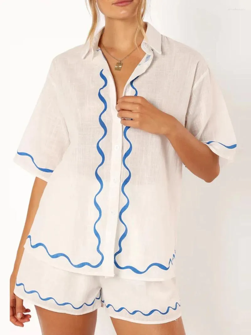 Suits de survêtement pour femmes Fufucaillm Wave Edge Printing Set Femme 2 pièces Short-Down Collar Shirt Pant 2024 Spring Chic Beach Lady