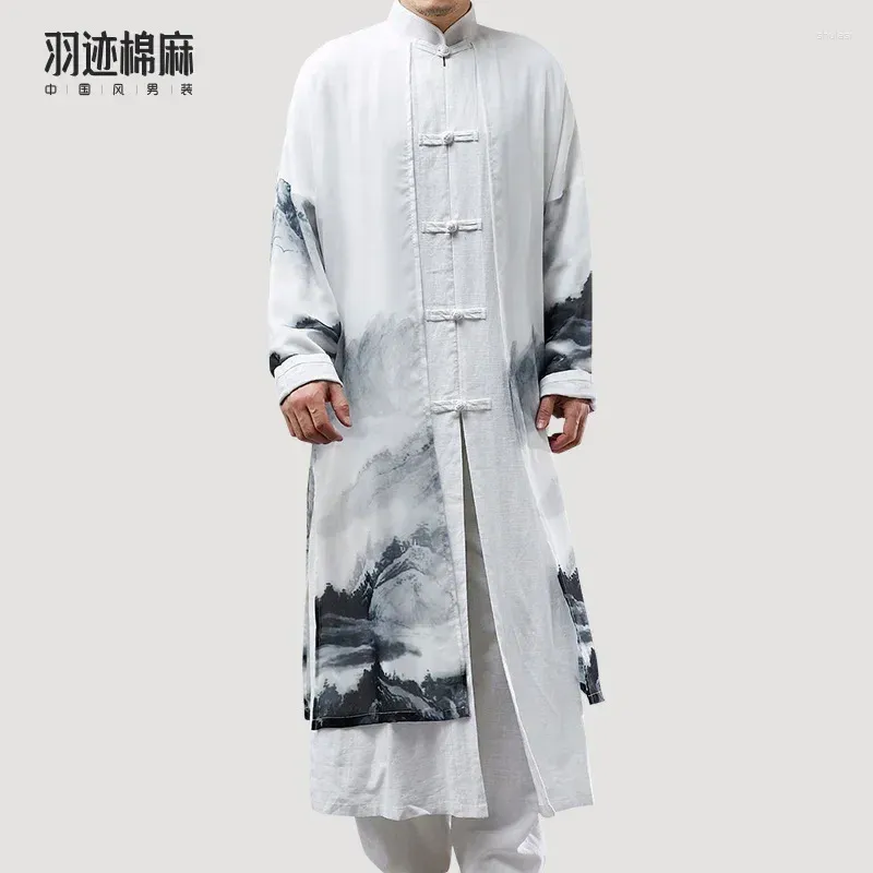 Ubranie etniczne wiosna mężczyźni tradycyjny chiński garnitur retro krajobraz druk szata bawełniana bielizna tai chi kostium taoisty