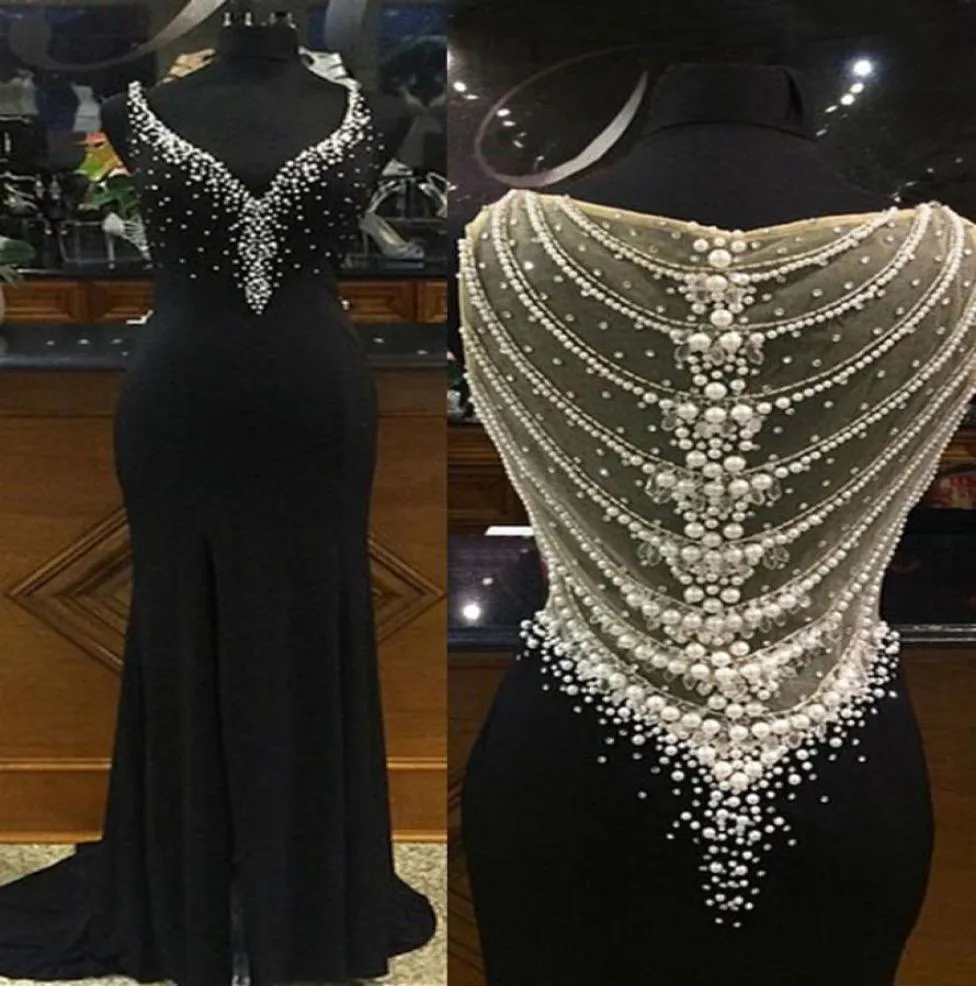 Deep Vneck 2019 Mermaid Evening Dresses Sweep Train Train Long Molial Black Chiffon Prom Dresses Beadings Beadings Mother Brides Dress PA7903638