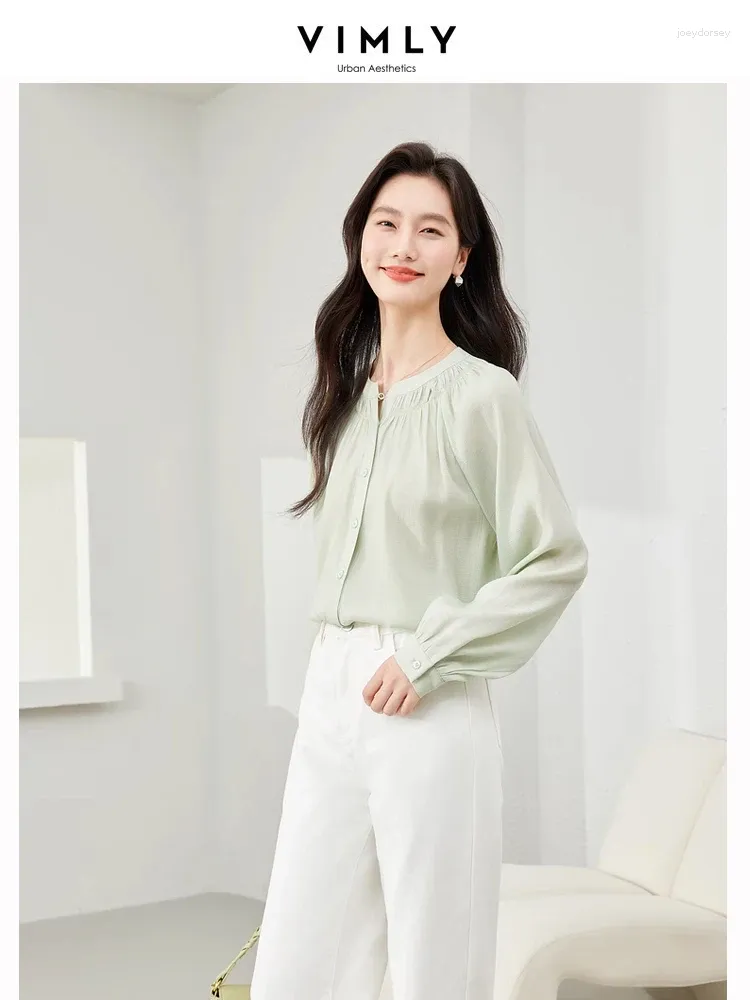 Women's Blouses Vimly Light Green Round Neck Thin Chiffon Shirt Long Sleeve Tops For Women 2024 Spring French Style Button Up Blouse M6328