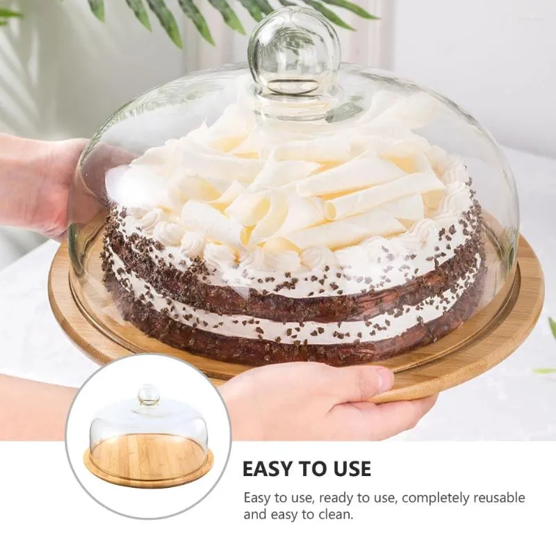 Assiettes Pâne de collation pratique avec couverture en verre Cake à poussière Cake Bamboo Wood
