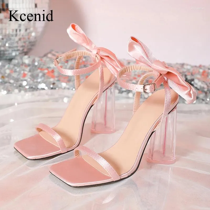 Sandals Kcenid Fashion Pink Butterfly Buckle Strap Gladiator Square Toe Transparent High Heel Women Sexy Summer Party Prom Shoes