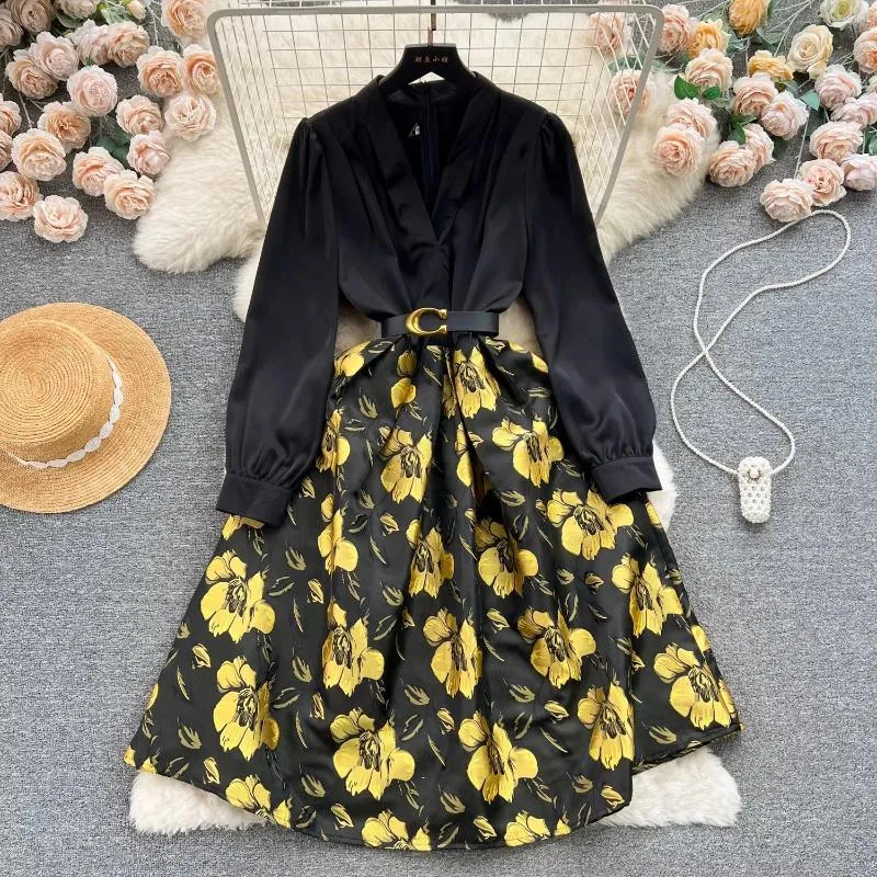 Casual jurken Fashion Designer Runway Jacquard Dress dames V-hals lange mouwen bloemenprint Kantoor dames patchwork riem vestidos