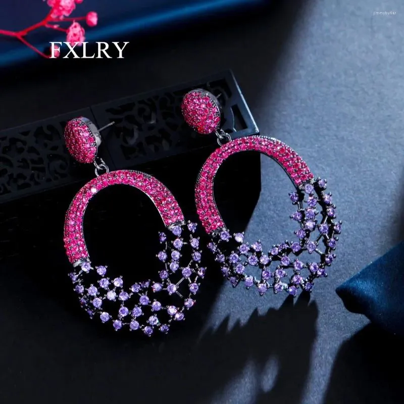 Boucles d'oreilles en peluche fxlry de haute qualité zircon rond pistolet noir rétro violet long pour les femmes de mariée de mariage bijoux de bijoux