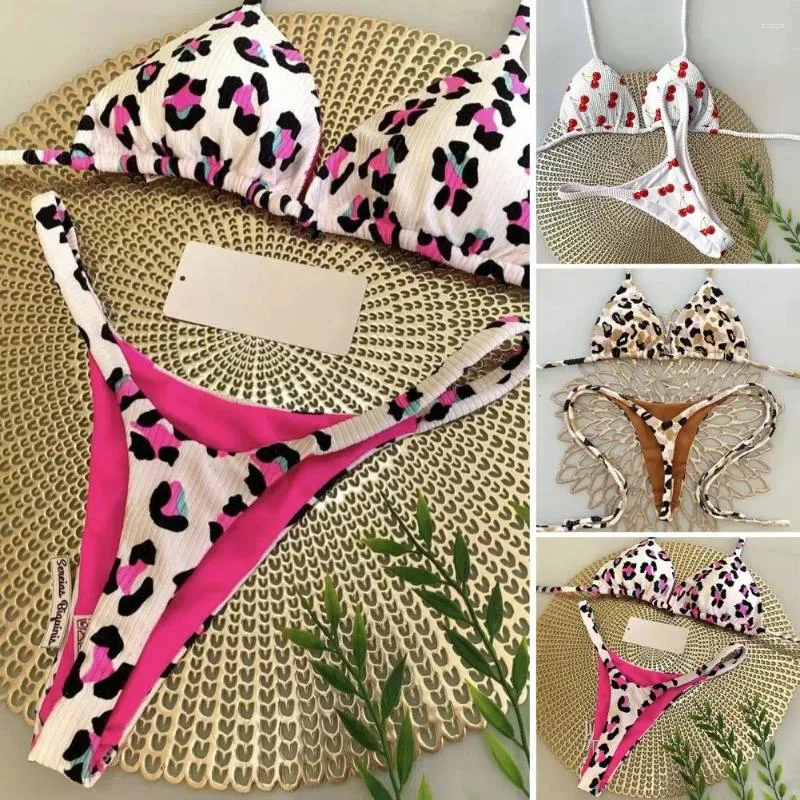 Kvinnors badkläder Kvinnor Tankini Swimsuit Leopard Print Halter Bh High midja Lace-up Thong Bikini Set Cherry Brazilian Two Piece