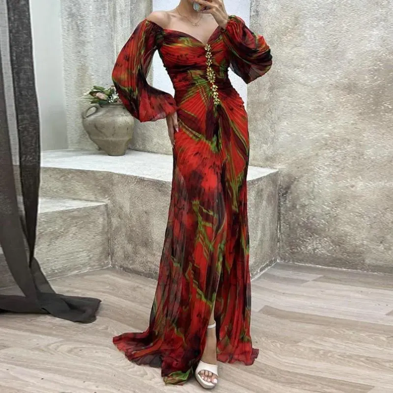 Rhinestone Off-Shoulder Evening Dress with Lantern Sleeves and Split Hem for Women - Loose Fit, High Waist, Printed Design, Floor-Length