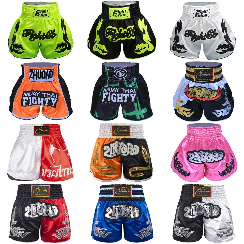 Muay Thai Shorts الرجال التطريز الرياضي للياقة البدنية القتال Kickboxing سراويل قصيرة النساء الأطفال مخصص Sanda MMA Boxeo Black 240408