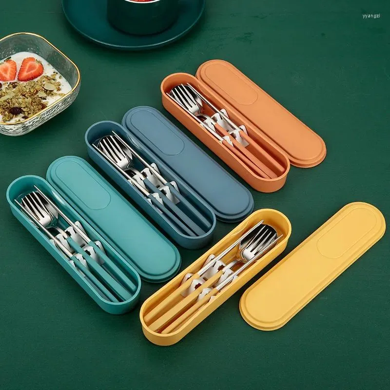 Ensemble de vaisselle à trois pièces ensemble de vaisselle 304 Copsticks à fourche en acier en acier inoxydable avec boîte de voyage portable étudiant couverts de voyage