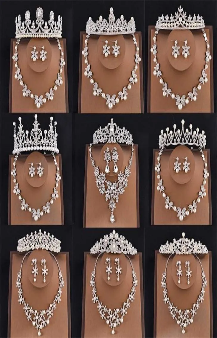 Brudsmycken sätter pärltiaror och kronor halsband och örhängen sätter huvud bröllop smycken kung drottning prinsessan krona kvinnor party5819286
