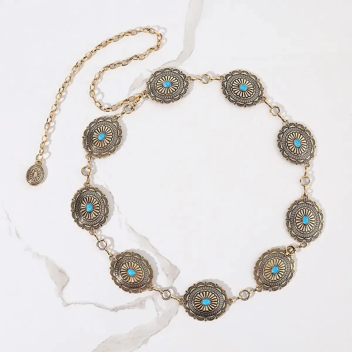 Fashion Antique Gold Alloy Western Floral Circle Conchos avec Turquoise Women's Chain Belt 240410