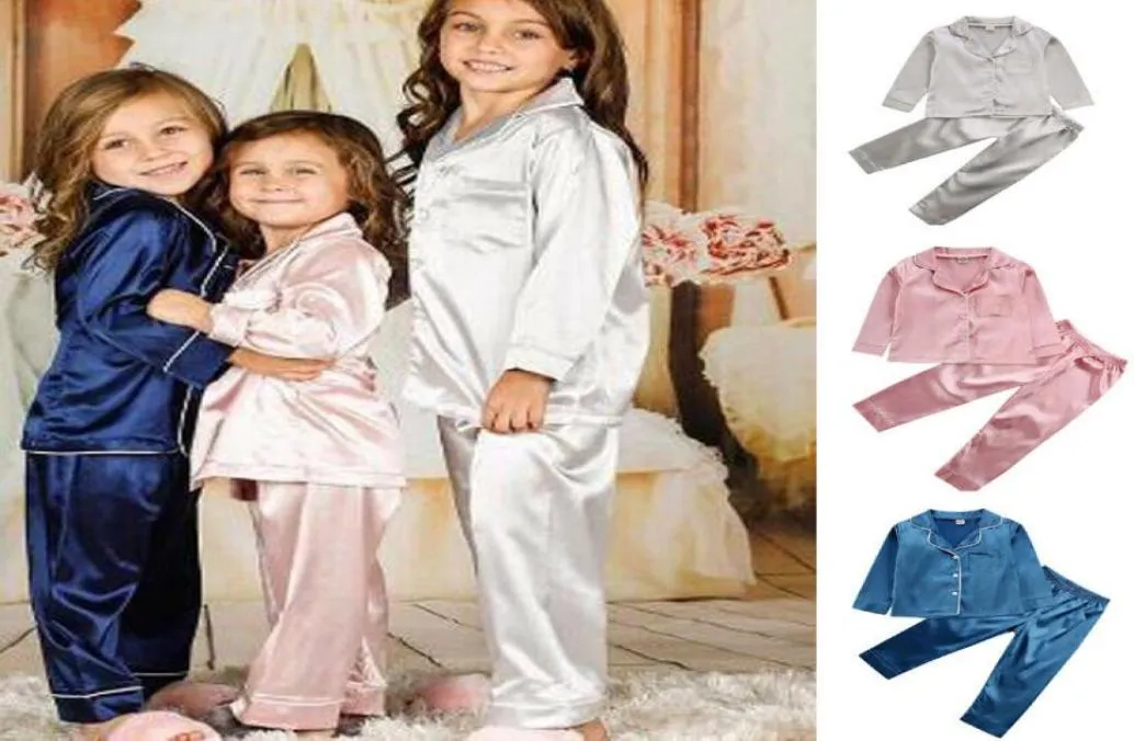 Enfants bébé gamins filles satin couleurs solides pyjama ensemble langarm Buttondown Collar bouton de décro Somment 5404425