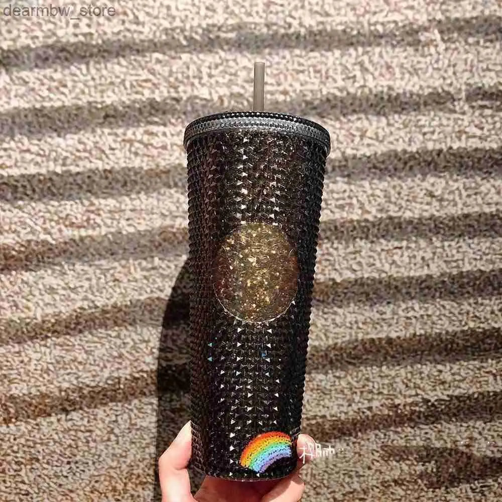 ウォーターボトルTumbrs 710mlパーソナライズされたスターバックスカップIridescent Bling Rainbow Unicorn Studded Cold Cup Tumbr Coffee MugとStraw2166