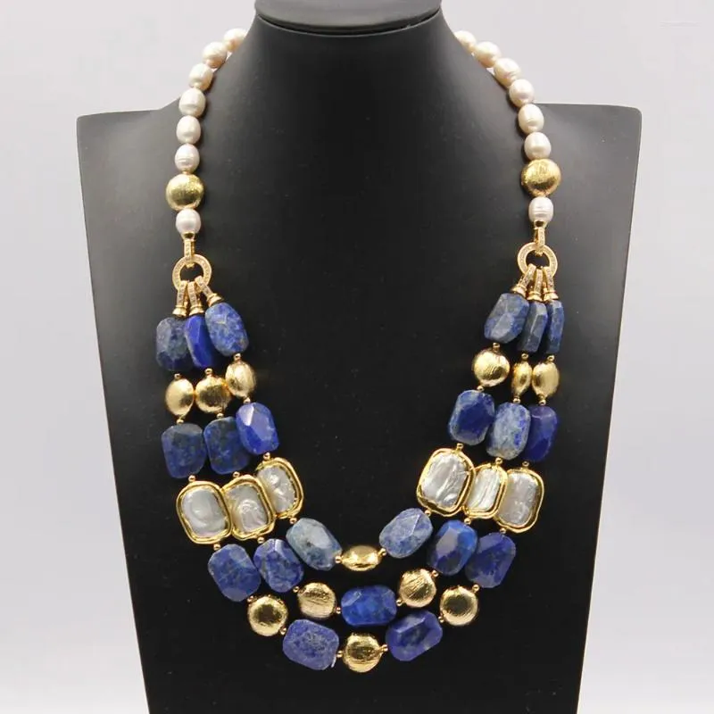 Hänghalsband gg 3 rader naturliga blå lapis lazuli sötvatten vit fyrkant keshi pärlhalsband 21 "handgjorda för kvinnor