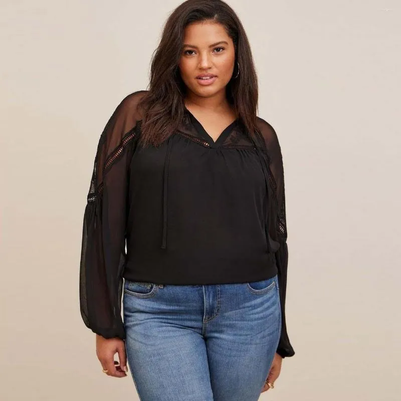 Blouses pour femmes H10 plus taille de mousseline de mousseline de taille 2024 Été élégant en dentelle découpée à manches longues