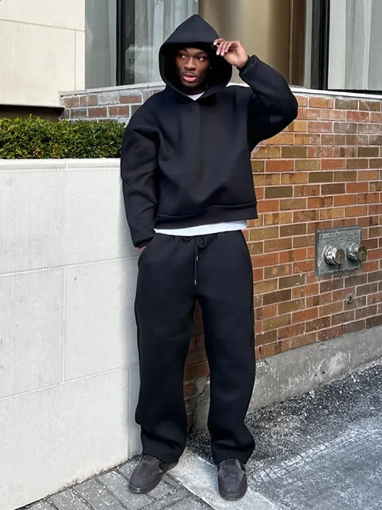Mens Two Piece Pants Sets Acrylic Fleece Hoodie and Straight Pants