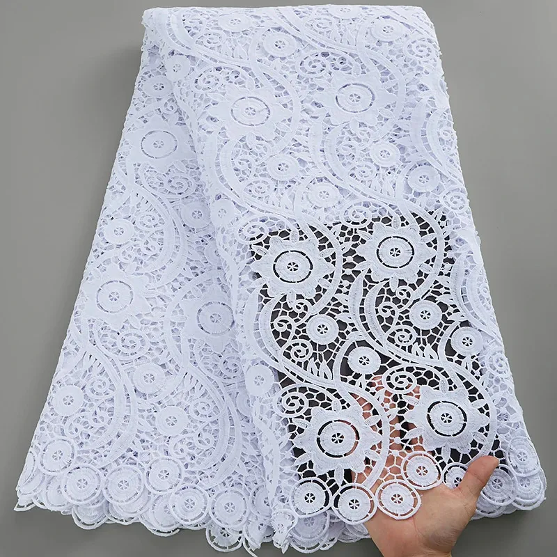 SJD LACE African Guipure Cord Lace Fabric 2024 High Quality 3039 White Water Soluble Lace Fabric Embroidery for Wedding Dresses 240408