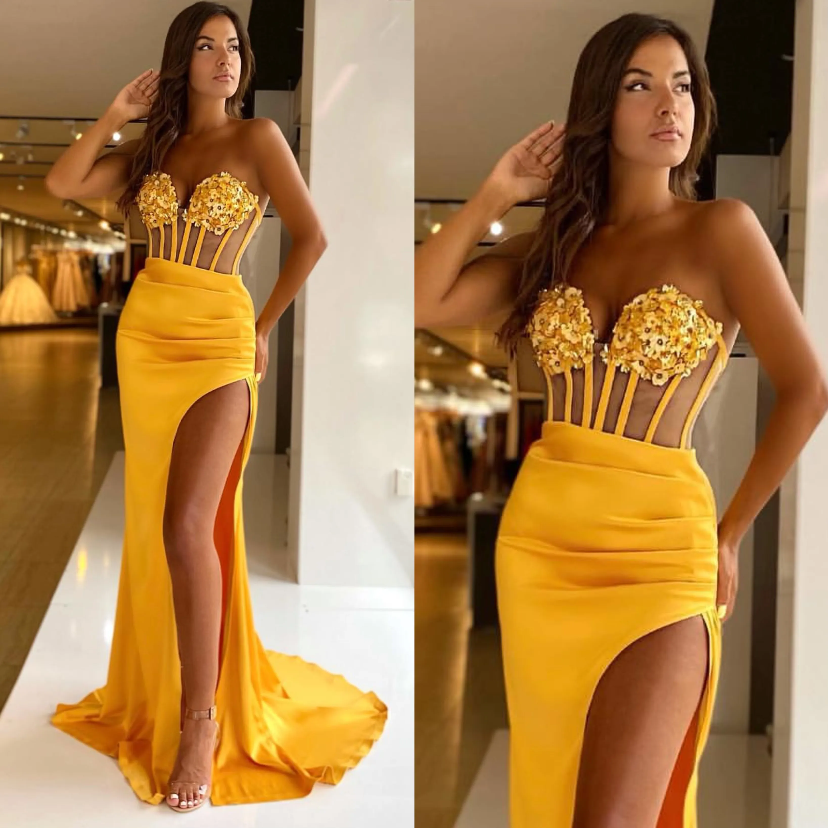 Sexy Yellow Mermaid Prom Dress Sequins Sweetheart Vestidos de noche Elegantes Vestidos de corpiño de Ilusión División para ocasiones especiales