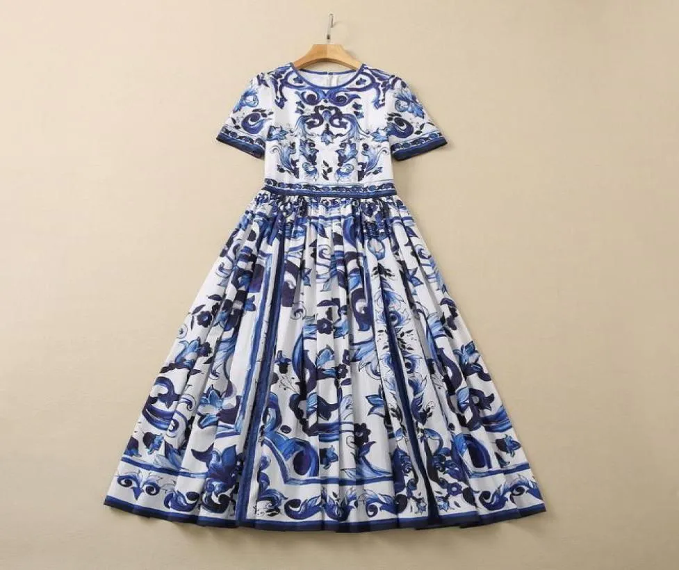 2022 Summer Fall Kort ärm Runda halsblå Paisley Print Bomullspanelpanelen Midcalf Dress Elegant Casual Dresses 22Q1923154466991