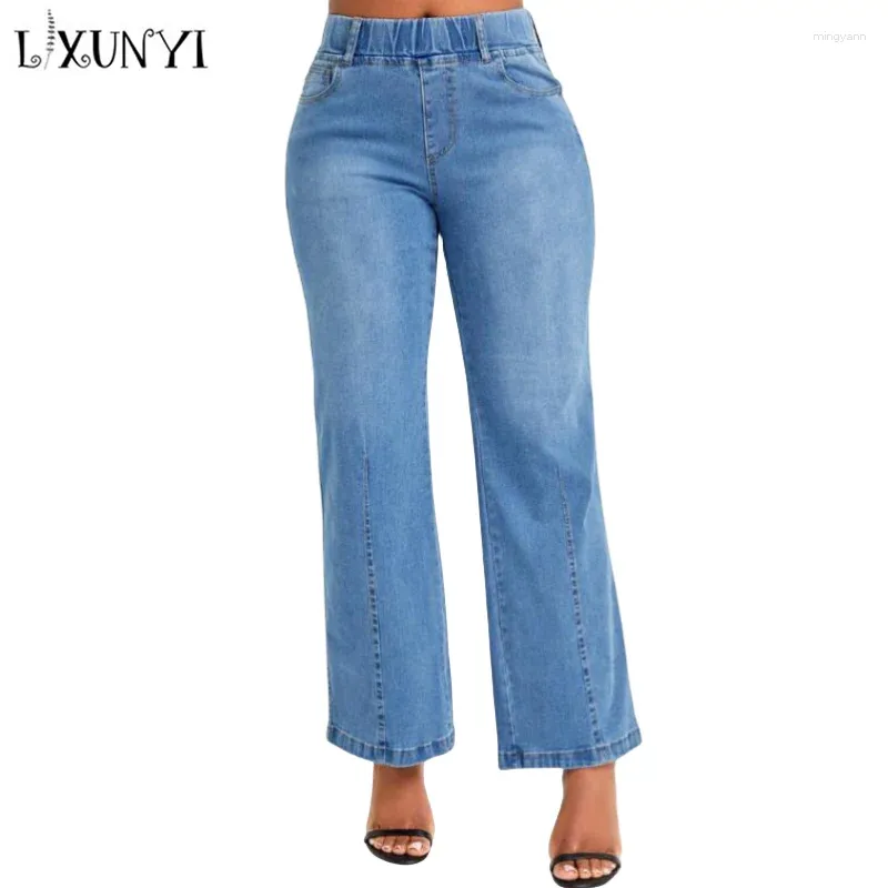 Jeans pour femmes LXUNYI Fashion Elastic Wost Femmes droites 2024 Automne Summer Plus Taille Stretch Casual High Waited Flare Denim Pantal