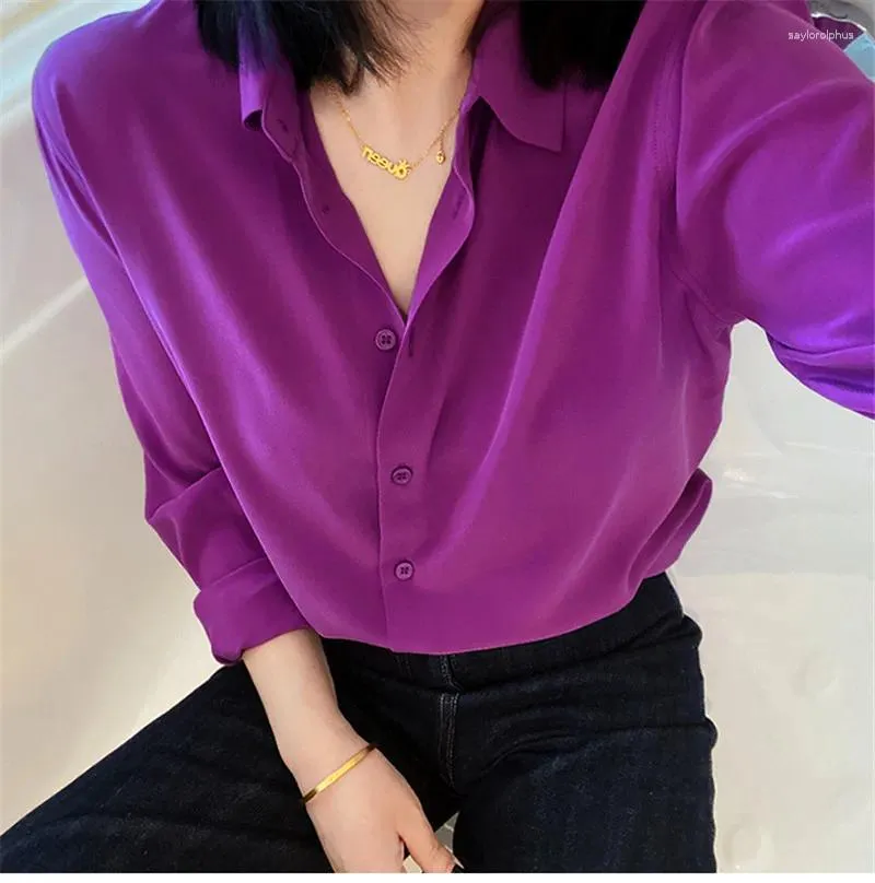 Women's Blouses Limiguyue French Elegant Purple Silk Women Summer Single Breast Long Sleeve See Through Shirt Soft Versatile Tops Z137