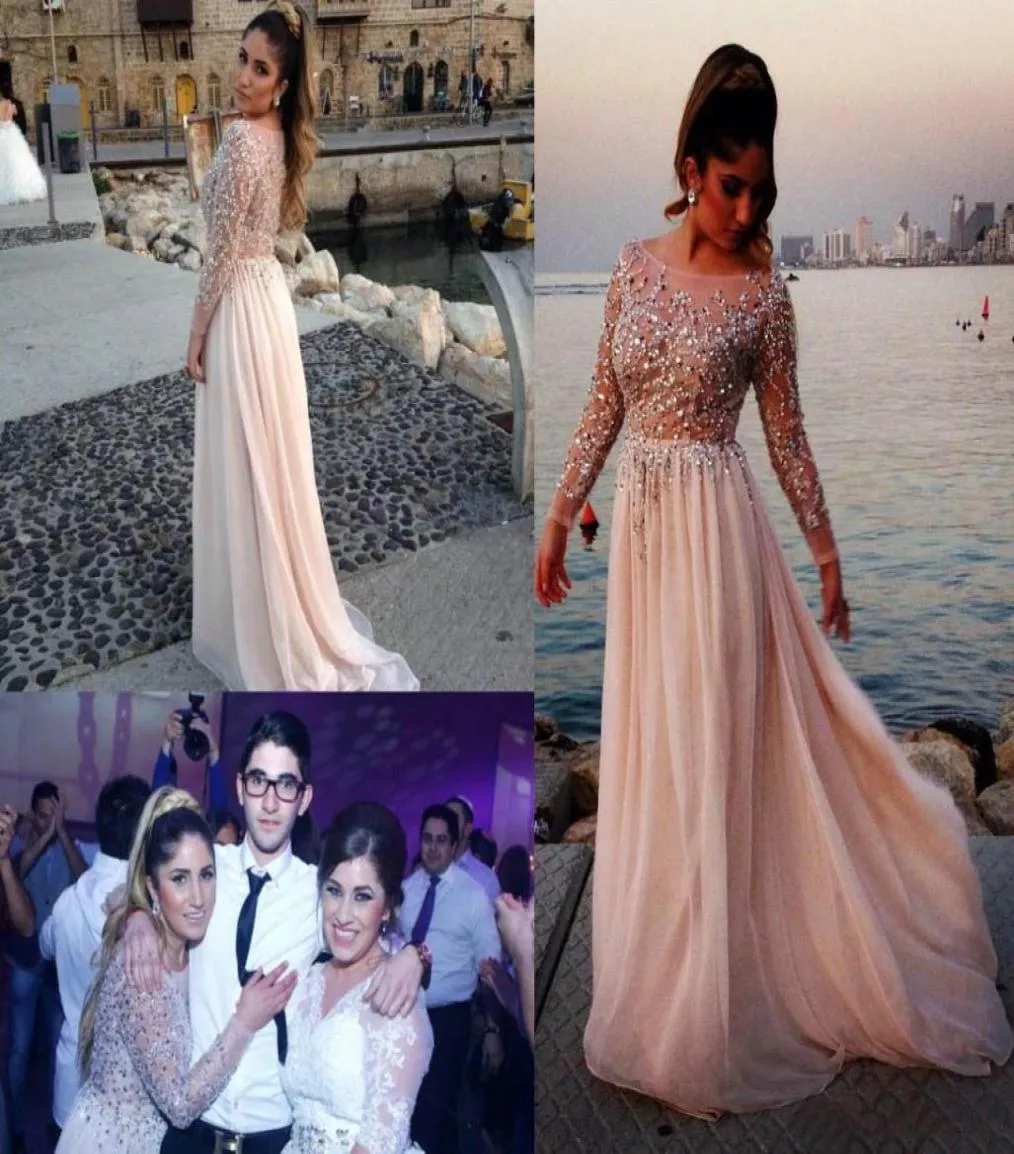 Elie Saab Crystal Beaded Prom Dresses 2019 Sheer Bateau Neck Long Sleeves ALine Chapel Train Chiffon Evening Gowns Celebrity Dres8007287