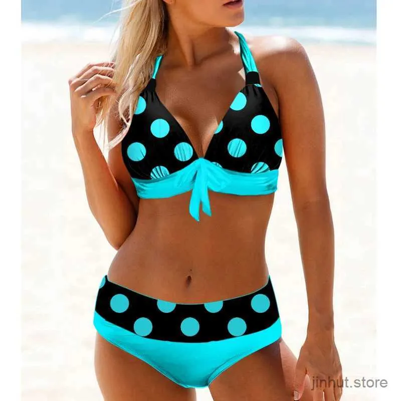 Kvinnors badkläder Summer Fashion Design Womens Bikini Tvådelar Set med Blue Polka Dot Print Sports Beach Wear S-5XL