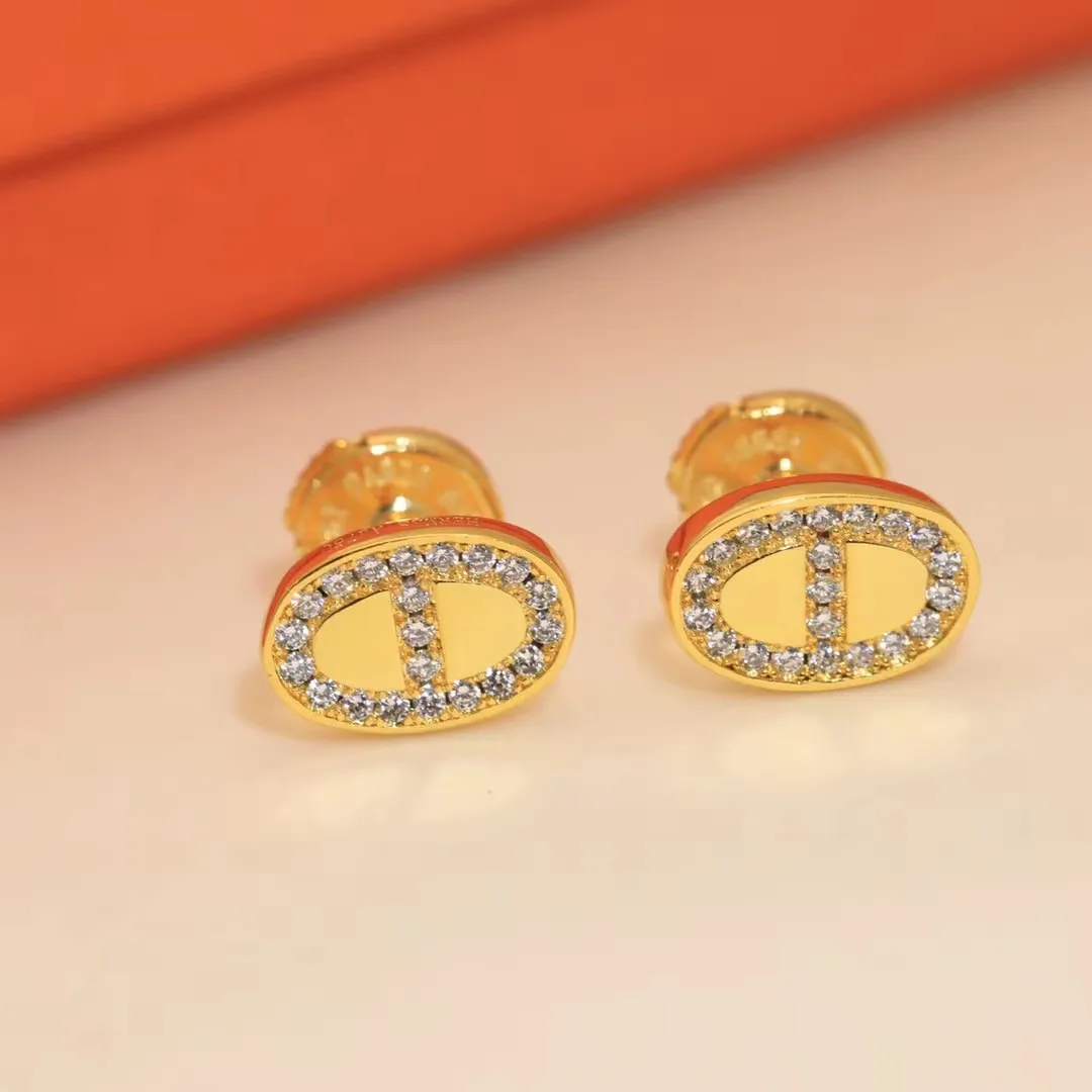 2024 letter H Rose gold earrings H full diamond pig nose earrings female earrings designer platinum silver plated needle material high-end material official With box