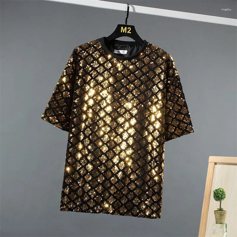 Men's T Shirts Diamond Check Sequin Shirt For Men Half Sleeved Hip Hop Stage High Quality Oversized Loose Fit Tees Smooth Camisetas De