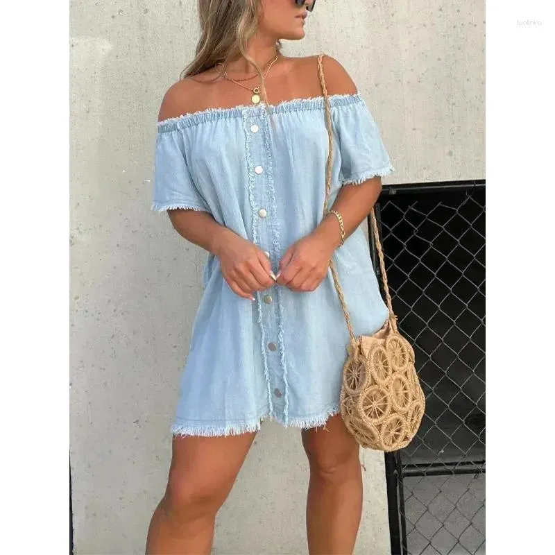 Sexy Off-Shoulder Tassel Denim Dress with Slash-Neck and Short Sleeves - Perfect for Casual Occasions, Parties, and Summer Fashion