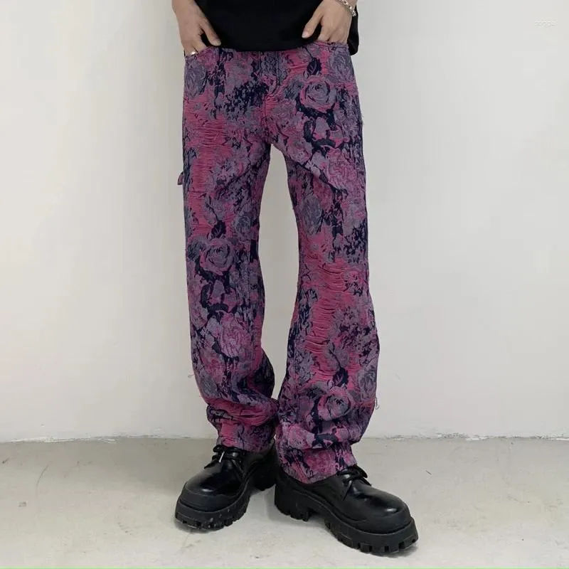 Herr jeans y2k streetwear senaste design jacquard lila tryckt vänd fransar rak passform i full längd byxor