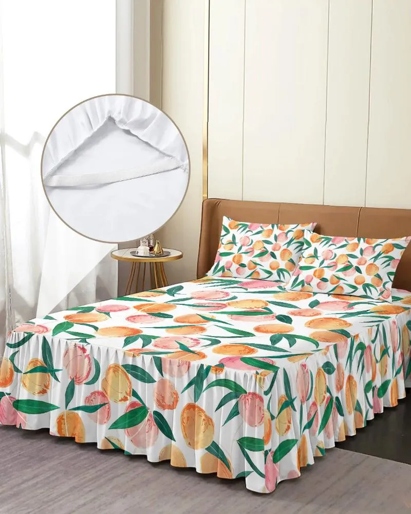 Saia de cama pêssego flores folhas frutas aquarela elástica colaborada colaboração com travesseiros colchão capa de cama folha de cama