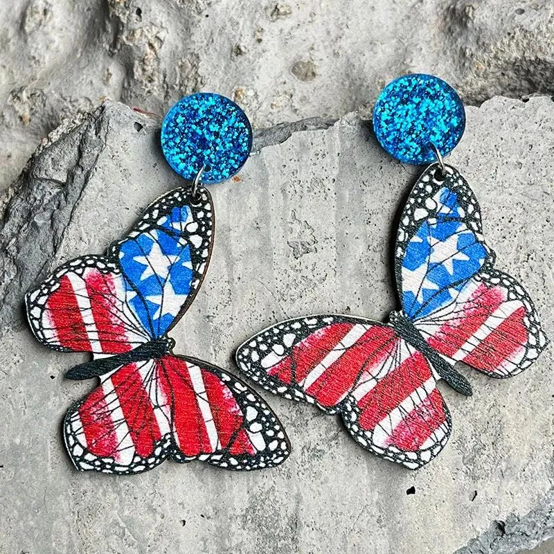 Stud Earrings American Flag Wooden Patriotic Butterfly With Independence Day Print For July Dangle Heart