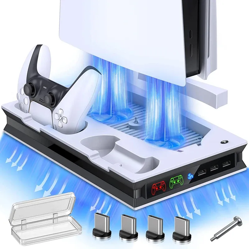 Стойки 2024 PS5 Консольная консоль вертикальная стенда охлаждающая станция быстрого зарядки с двойным игровым зарядным устройством для Disc/Digital PlayStation 5 Disc/Digital